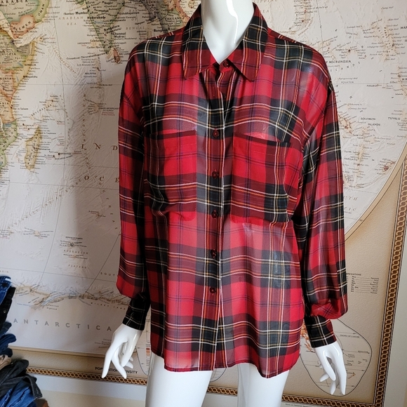 Liz Claiborne Tops - Liz Claiborne red black plaid sheer long sleeve button shirt preppy academia 14